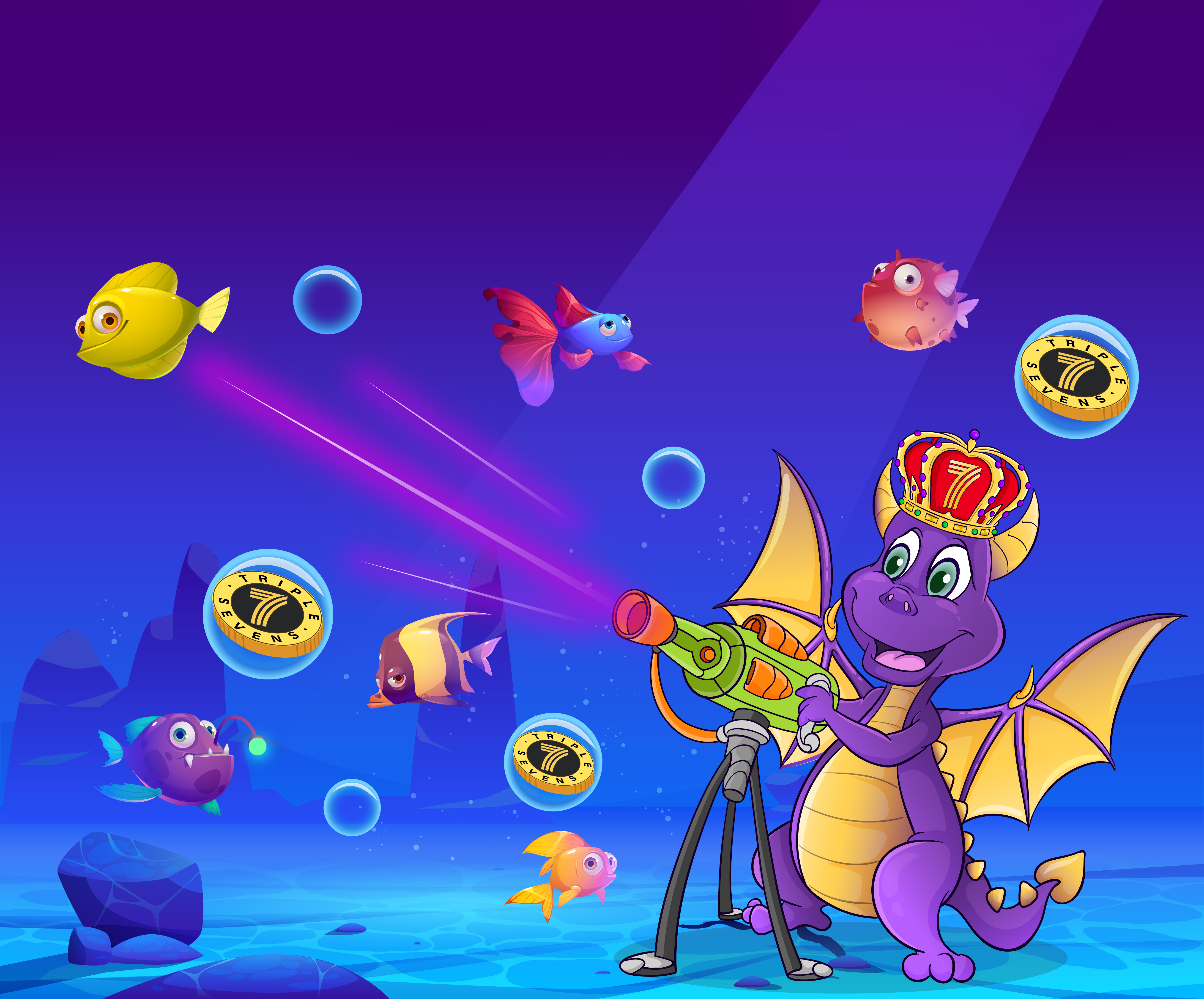 Louie the Lucky, the triplesevens.com mascot is playing fish table games